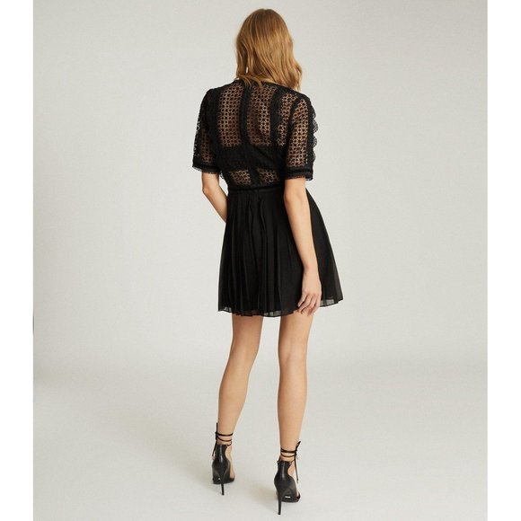 NWT Reiss Athena Lace Top Pleated Black Mini Dress, Size 6 - Picture 3 of 6